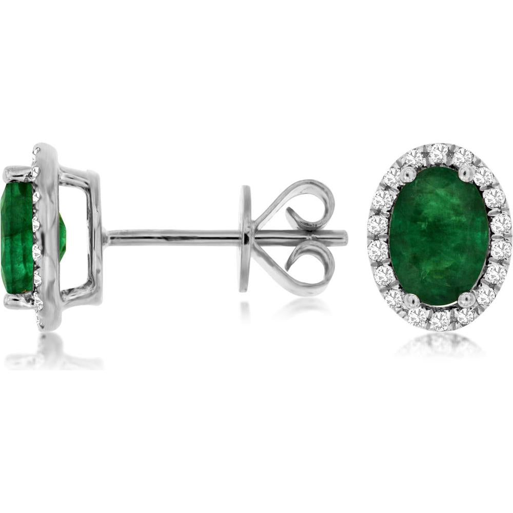 14K White Gold Oval Emerald and Diamond Halo Stud Earrings - 1.40 Carat Total Emerald Weight, 0.19 Carat Total Diamond Weight - Royal Jewelry
