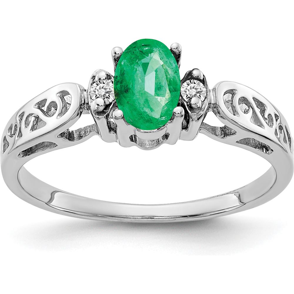 14K White Gold Oval Emerald and Diamond Ring with Rhodium Plating - 0.42 Carat Emerald, 0.034 Carat Total Diamond Weight by Monteluci Fine Jewelry