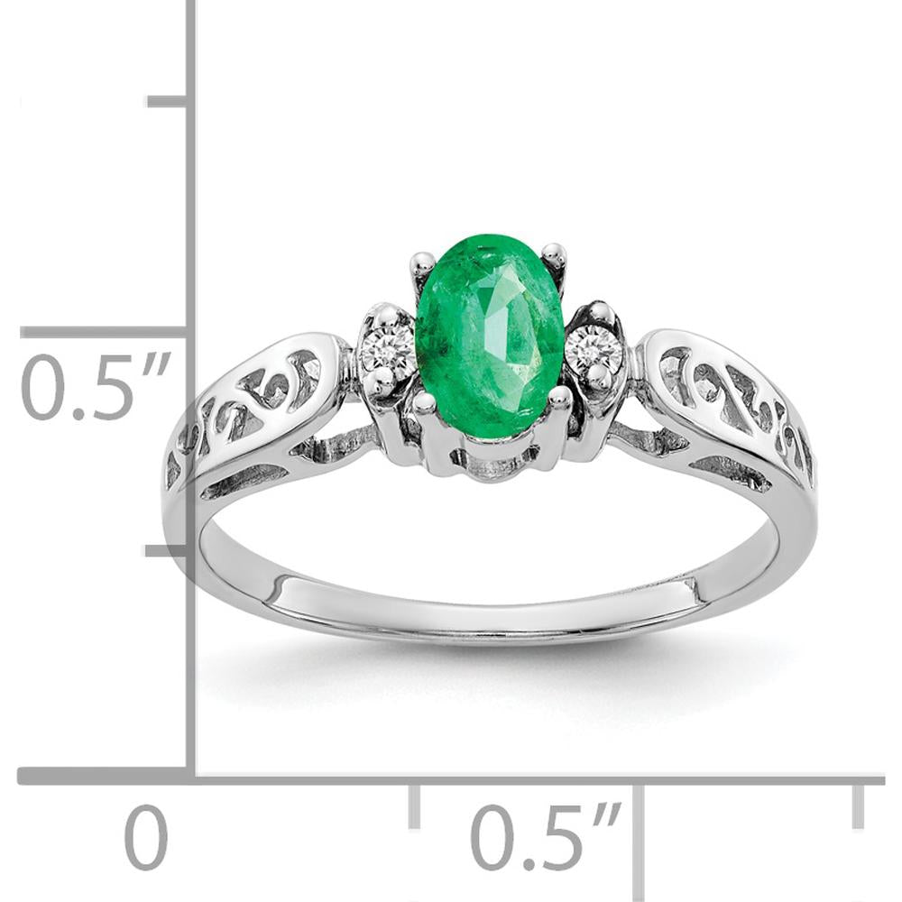 14K White Gold Oval Emerald and Diamond Ring with Rhodium Plating - 0.42 Carat Emerald, 0.034 Carat Total Diamond Weight by Monteluci Fine Jewelry