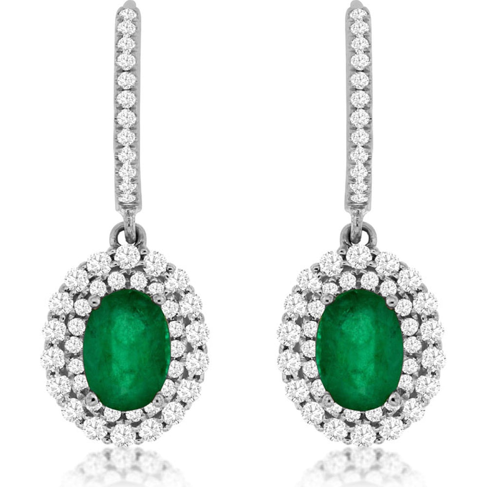 14K White Gold Oval Emerald and Double Diamond Halo Drop Earrings - 1.40 Carat Total Emerald Weight and 0.85 Carat Total Diamond Weight - Royal Jewelry
