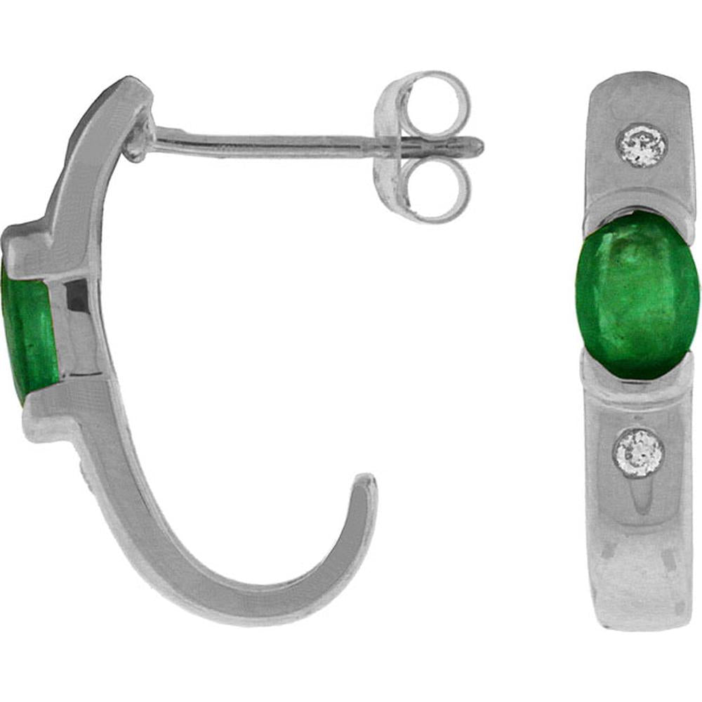 14K White Gold Oval Emerald and Round Diamond Earrings - 0.44 Carat Total Emerald Weight and 0.04 Carat Total Diamond Weight - Royal Jewelry