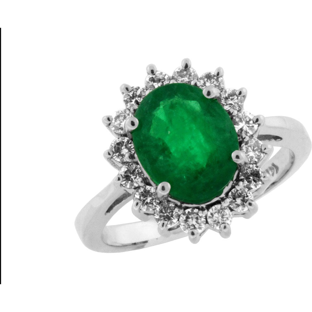14K White Gold Oval Emerald and Round Diamond Halo Ring - 2.40 Carat Emerald and 0.65 Carat Total Diamond Weight - Royal Jewelry