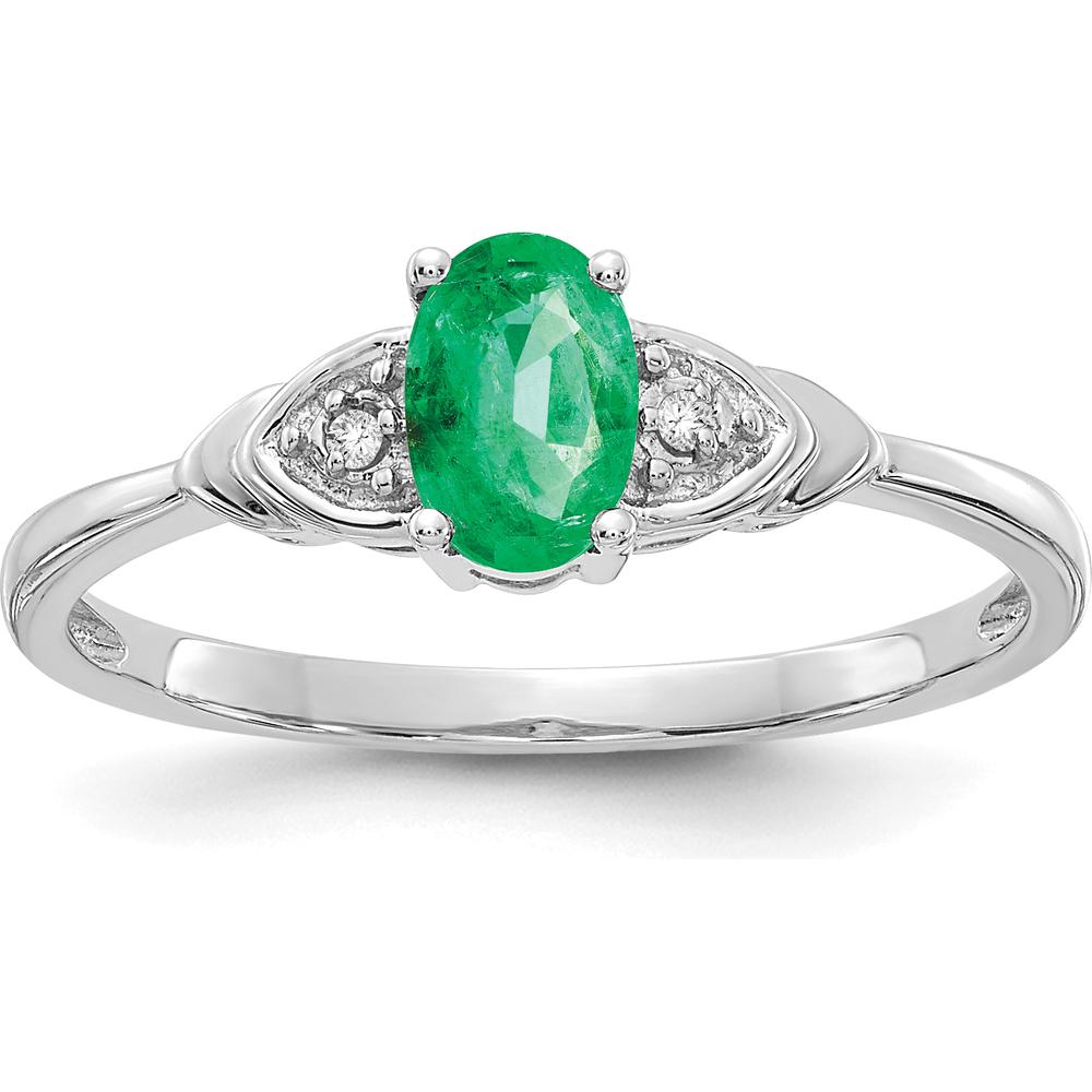 14K White Gold Oval Emerald and Round Diamond Ring - 0.42 Carat Emerald, 0.01 Carat Diamond Total Weight by Oro Pregiato