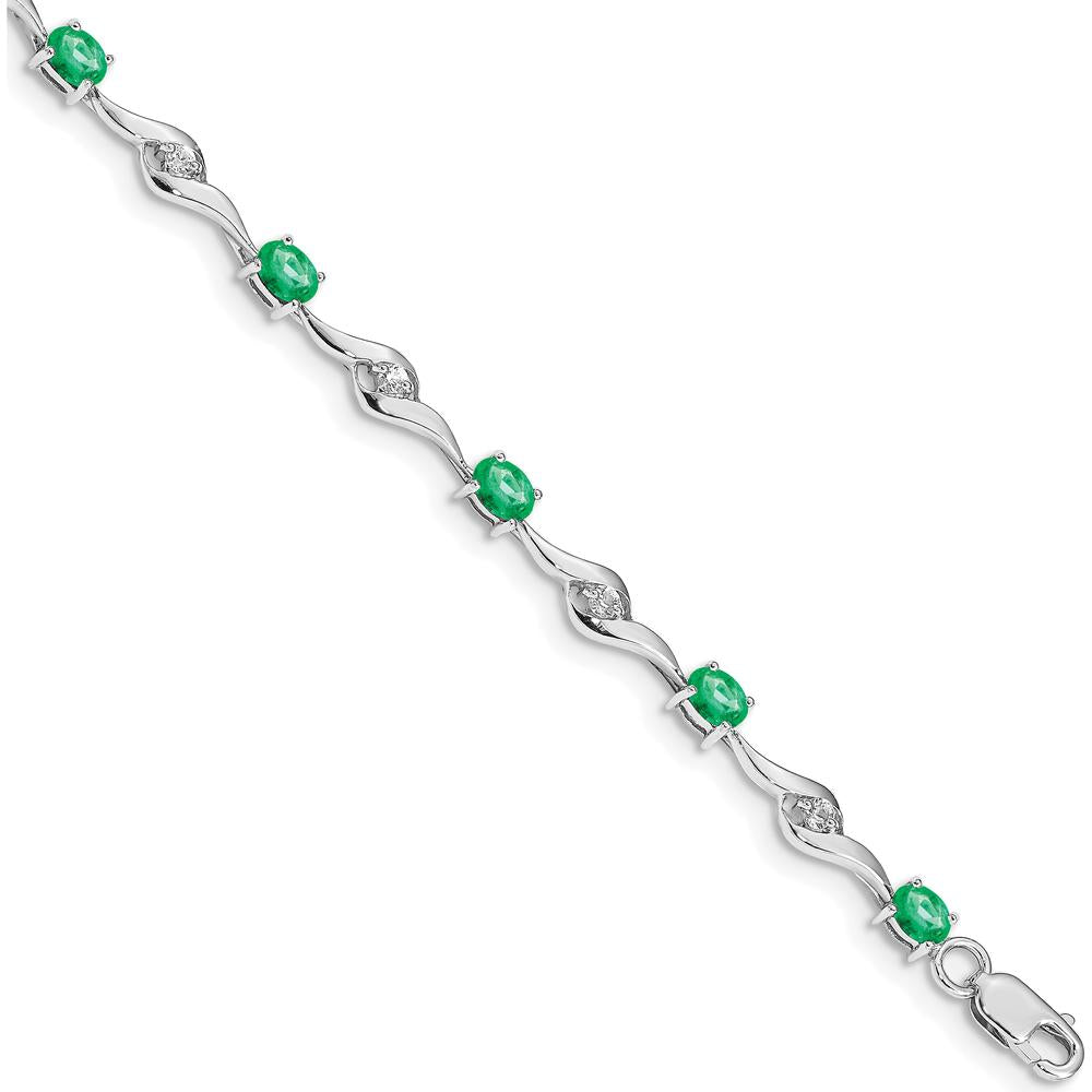 14K White Gold Oval Emerald and Round White Sapphire Curved Link Bracelet - 0.22 Carats Emerald, 0.027 Carats Sapphire Total Weight by Monteluci Fine Jewelry