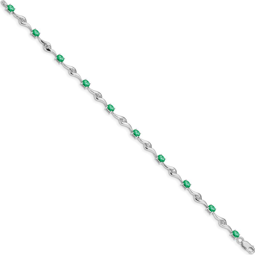 14K White Gold Oval Emerald and Round White Sapphire Curved Link Bracelet - 0.22 Carats Emerald, 0.027 Carats Sapphire Total Weight by Monteluci Fine Jewelry