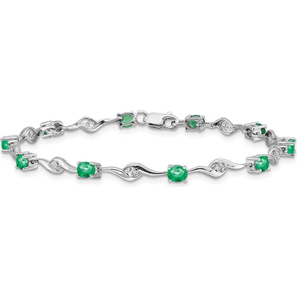 14K White Gold Oval Emerald and Round White Sapphire Curved Link Bracelet - 0.22 Carats Emerald, 0.027 Carats Sapphire Total Weight by Monteluci Fine Jewelry