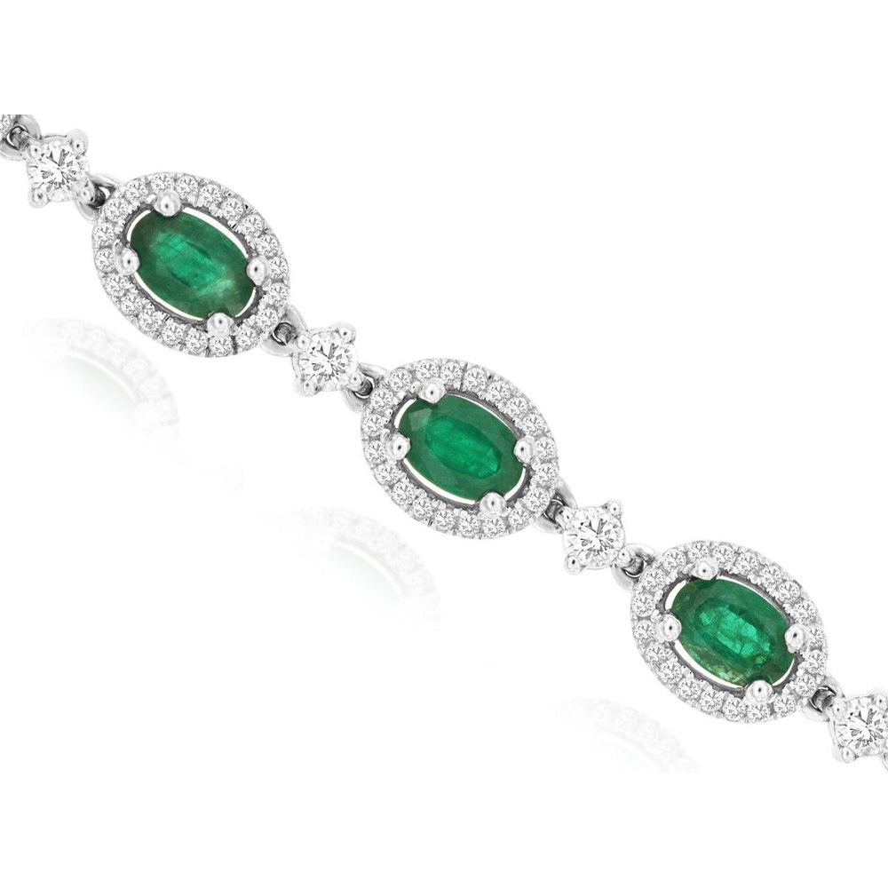 14K White Gold Oval Emerald Halo Link Bracelet with Round Diamond Accents - 5.70 Carat Total Emerald Weight and 2.00 Carat Total Diamond Weight - Royal Jewelry