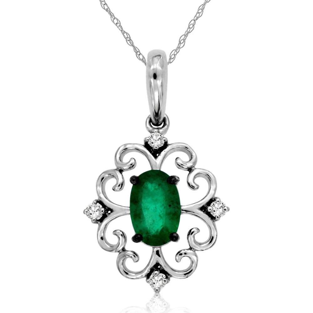 14K White Gold Oval Emerald Pendant with Diamond Accents - 0.44 Carat Emerald and 0.04 Carat Total Diamond Weight - Royal Jewelry