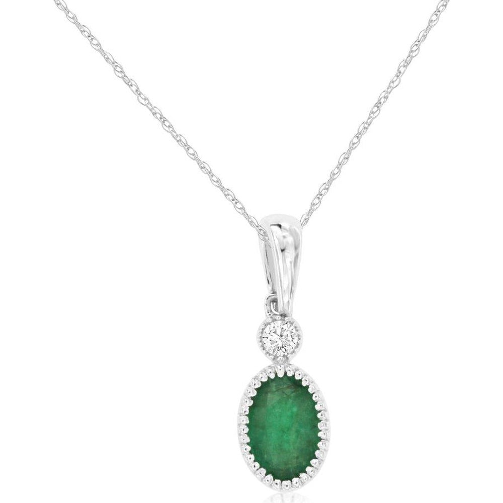 14K White Gold Oval Emerald Pendant with Diamond Halo and Round Diamond Accent - 0.41 Carat Emerald and 0.03 Carat Total Diamond Weight - Royal Jewelry
