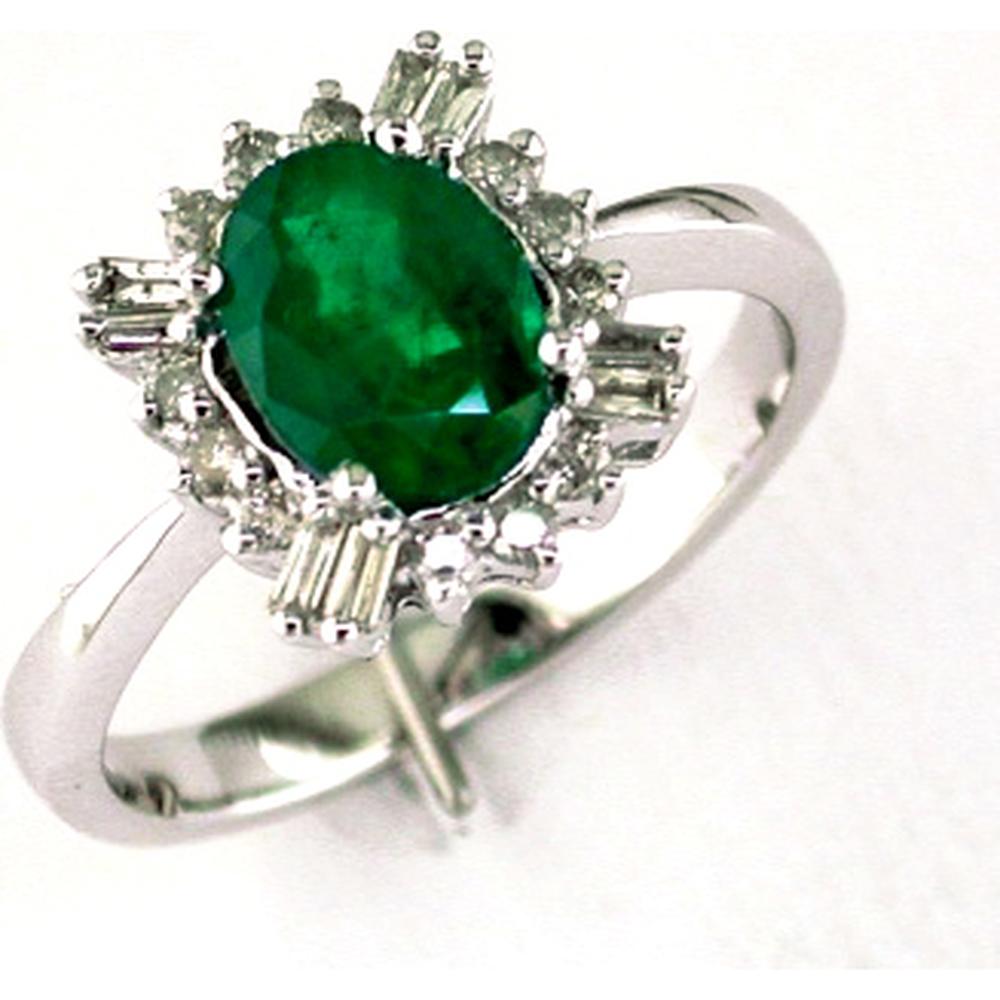 14K White Gold Oval Emerald Ring with Baguette Diamond Halo - 1.20 Carat Emerald, 0.25 Carat Total Diamond Weight - Royal Jewelry