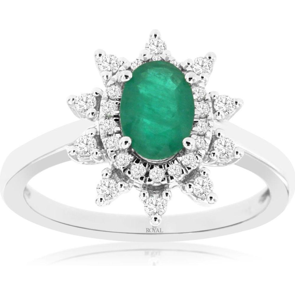 14K White Gold Oval Emerald Ring with Diamond Halo - 0.75 Carat Emerald & 0.25 Carat Total Diamond Weight - Royal Jewelry