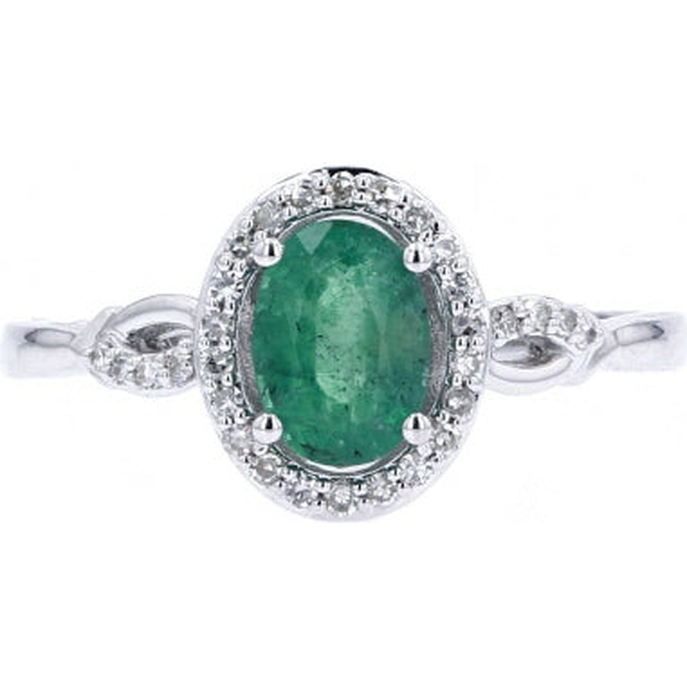 14K White Gold Oval Emerald Ring with Diamond Halo and Milgrain Detailing - 0.13 Carat Total Diamond Weight