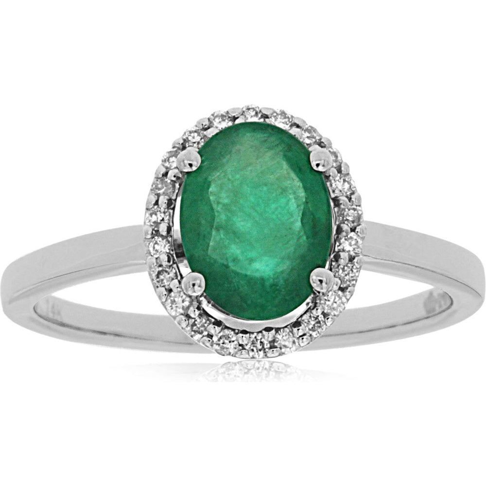 14K White Gold Oval Emerald Ring with Round Diamond Halo - 1.10 Carat Emerald and 0.12 Carat Total Diamond Weight - Royal Jewelry