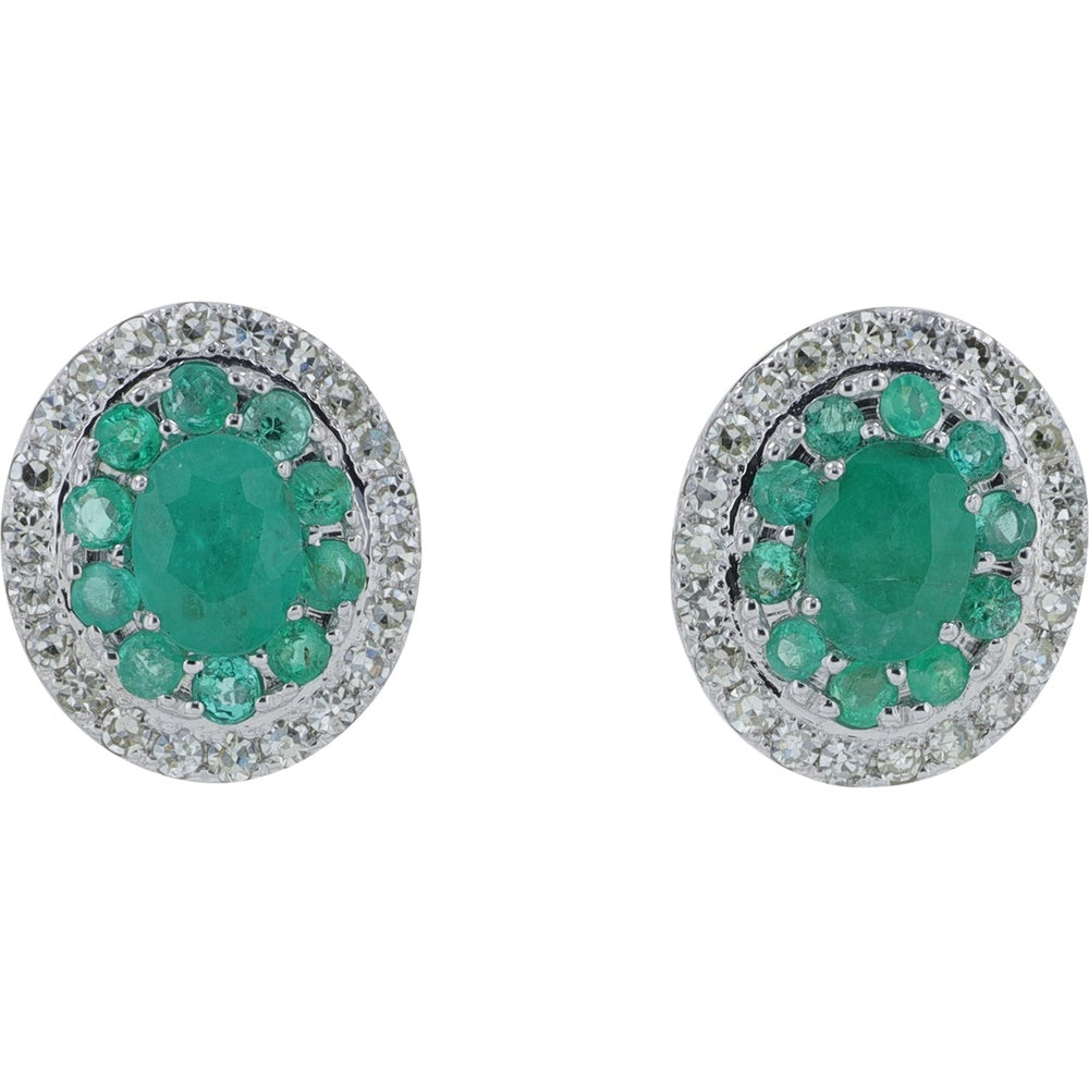 14K White Gold Oval Emerald Stud Earrings with Diamond Halo Accents - 0.20 Carat Total Diamond Weight and 0.50-0.75 Carat Total Emerald Weight