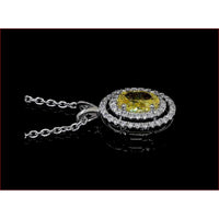 14K White Gold Oval Fancy Vivid Yellow Lab Diamond Double Halo Pendant with 48 White Brilliant Cut Diamonds - 0.84 Carat Total Weight IGI Certified - Covaloro Fine Jewelry