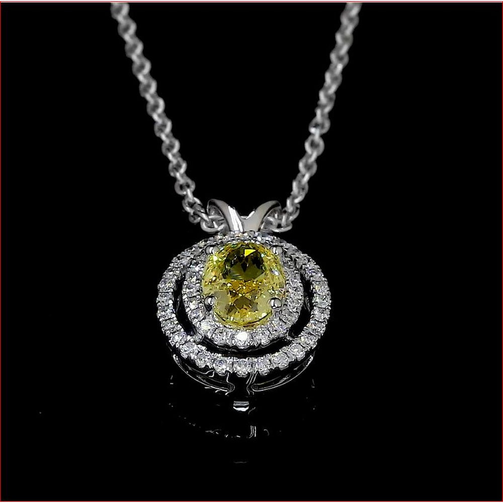 14K White Gold Oval Fancy Vivid Yellow Lab Diamond Double Halo Pendant with 48 White Brilliant Cut Diamonds - 0.84 Carat Total Weight IGI Certified - Covaloro Fine Jewelry