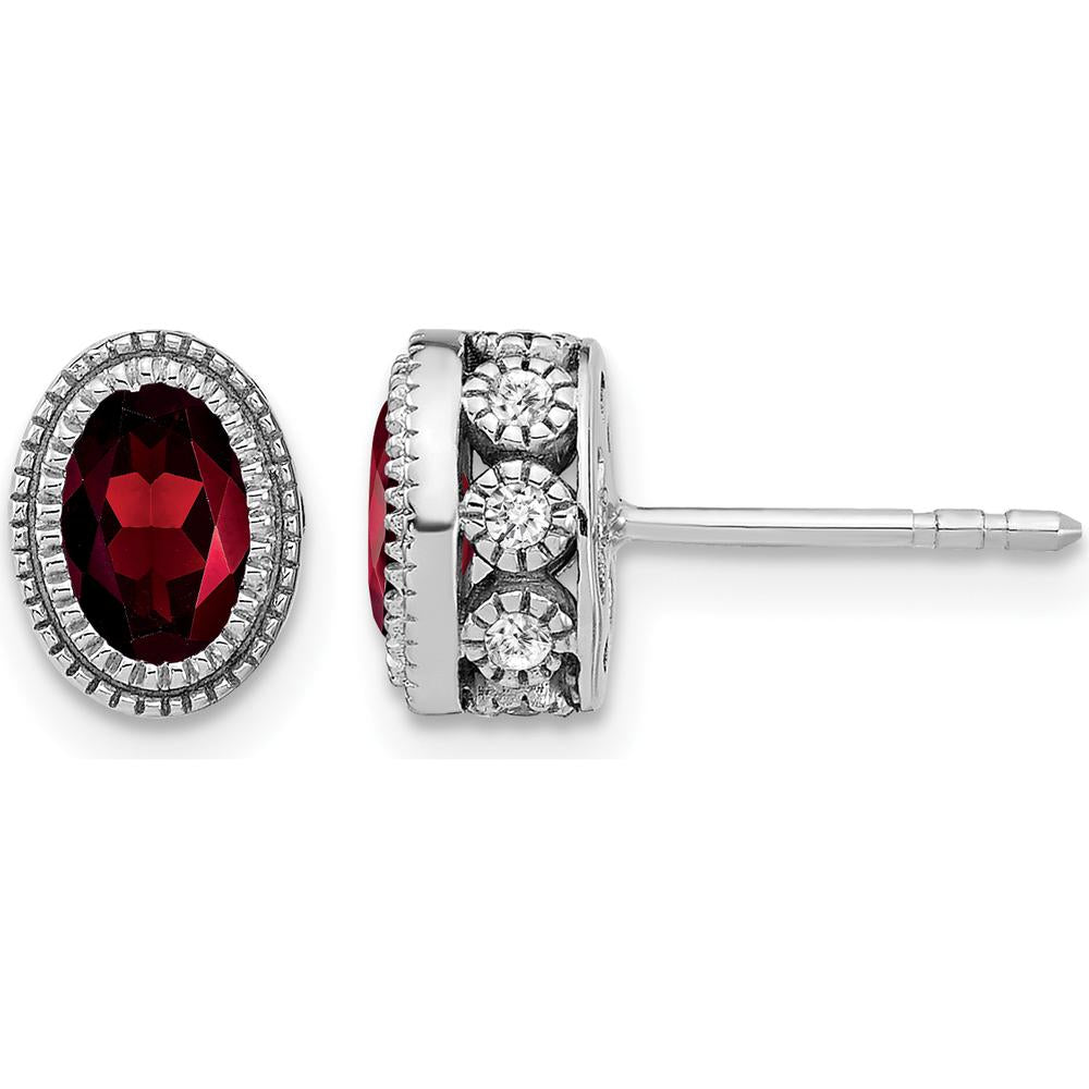 14K White Gold Oval Garnet and Diamond Button Earrings - 0.60 Carat Total Garnet Weight, 0.12 Carat Total Diamond Weight by Monteluci Fine Jewelry