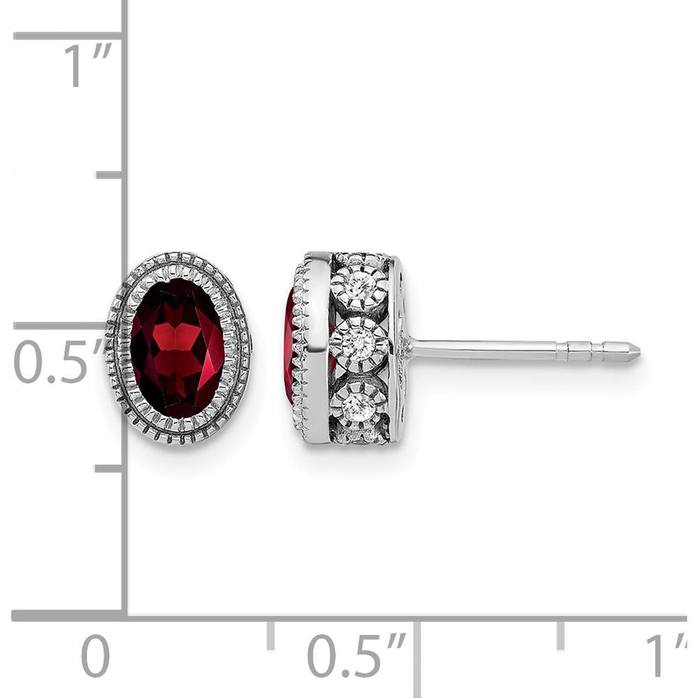 14K White Gold Oval Garnet and Diamond Button Earrings - 0.60 Carat Total Garnet Weight, 0.12 Carat Total Diamond Weight by Monteluci Fine Jewelry