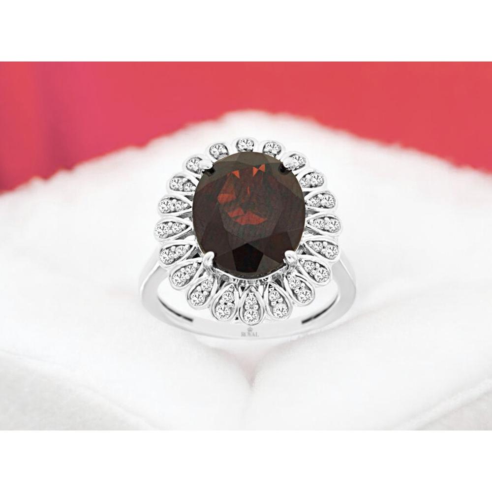 14K White Gold Oval Garnet and Diamond Halo Ring with 5.50 Carat Garnet and 0.33 Carat Total Diamond Weight - Royal Jewelry