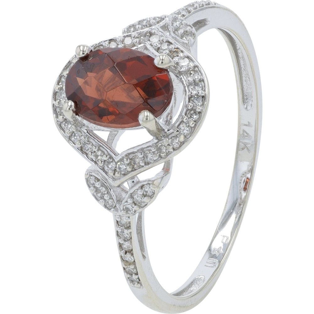 14K White Gold Oval Garnet Halo Ring with Milgrain Detail and 0.13 Carat Diamond Accents