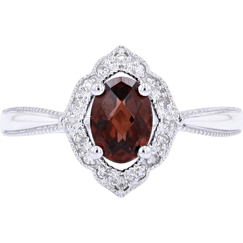 14K White Gold Oval Garnet Ring with Diamond Halo and Milgrain Detailing - 0.10 Carats Total Diamond Weight