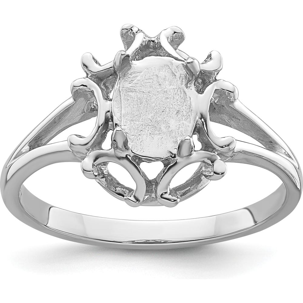 14K White Gold Oval Gemstone Ring Mounting for 7x5mm Gemstone - Polished Rhodium Finish, Customizable by Oro Pregiato