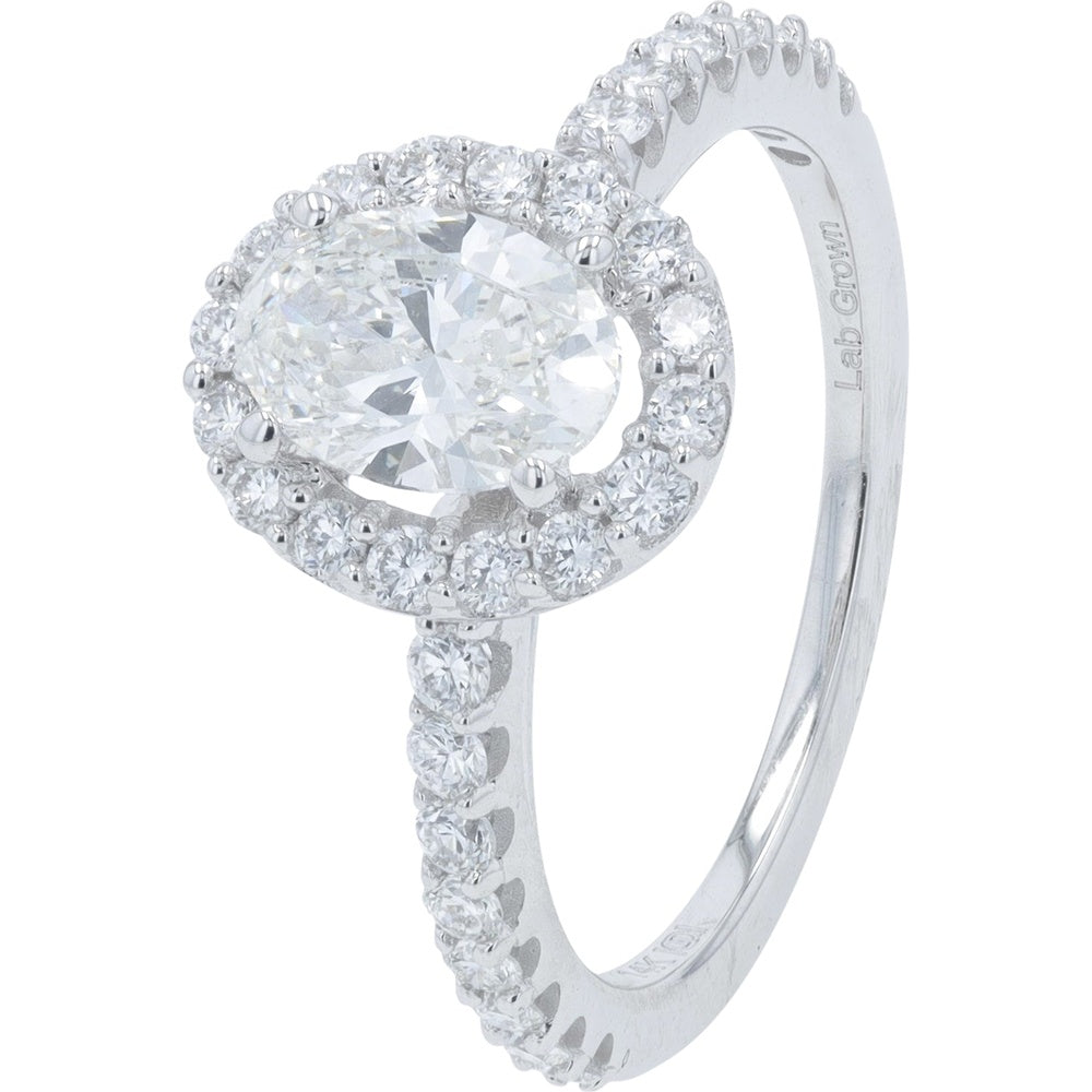 14K White Gold Oval Halo Engagement Ring with Pavé Band and Lab Grown Diamonds - 1.50 Carat Total Diamond Weight