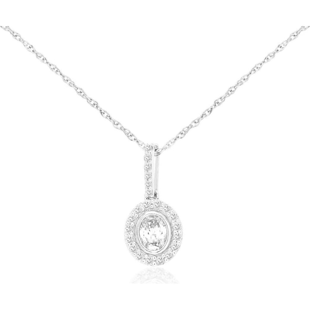 14K White Gold Oval Halo Pendant Necklace with 0.30 Carat Total Diamond Weight and Diamond-Accented Bail - Royal Jewelry