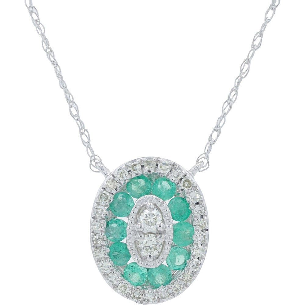 14K White Gold Oval Halo Pendant Necklace with Emerald and Diamond Accents - 0.40 Carat Total Emerald Weight