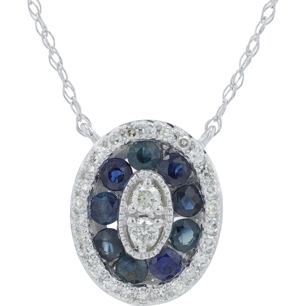 14K White Gold Oval Halo Pendant Necklace with Round Sapphires and Marquise-Cut Diamonds - 0.11 Carat Total Diamond Weight and 0.21-0.40 Carat Total Sapphire Weight