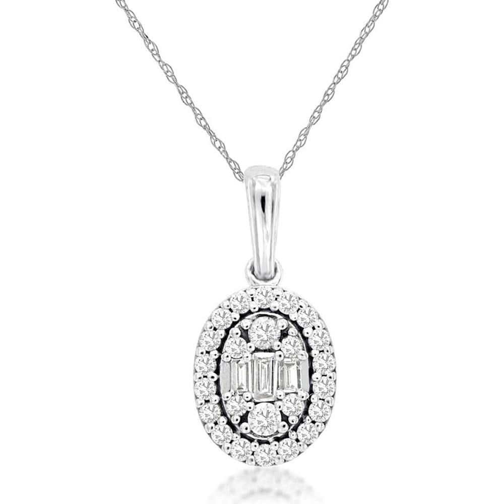 14K White Gold Oval Halo Pendant with Baguette and Round Diamond Cluster - 0.19 Carat Total Diamond Weight - Royal Jewelry