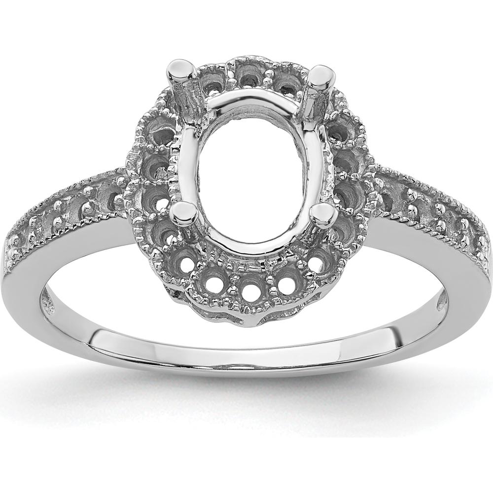 14K White Gold Oval Halo Ring Mounting for 8x6mm Gemstone with Milgrain Detail by Monteluci Fine Jewelry