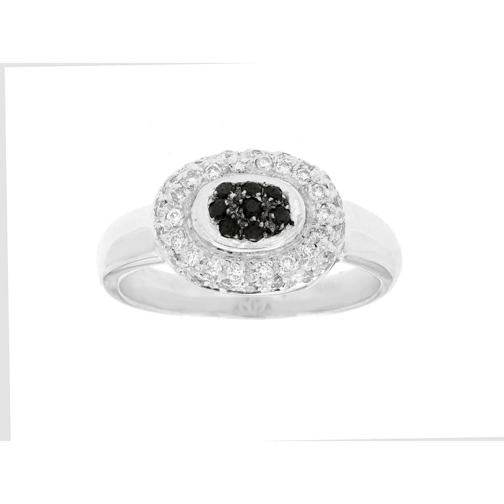 14K White Gold Oval Halo Ring with 0.09 Carat Round Black Diamond Cluster and 0.24 Carat Round White Diamonds - Royal Jewelry
