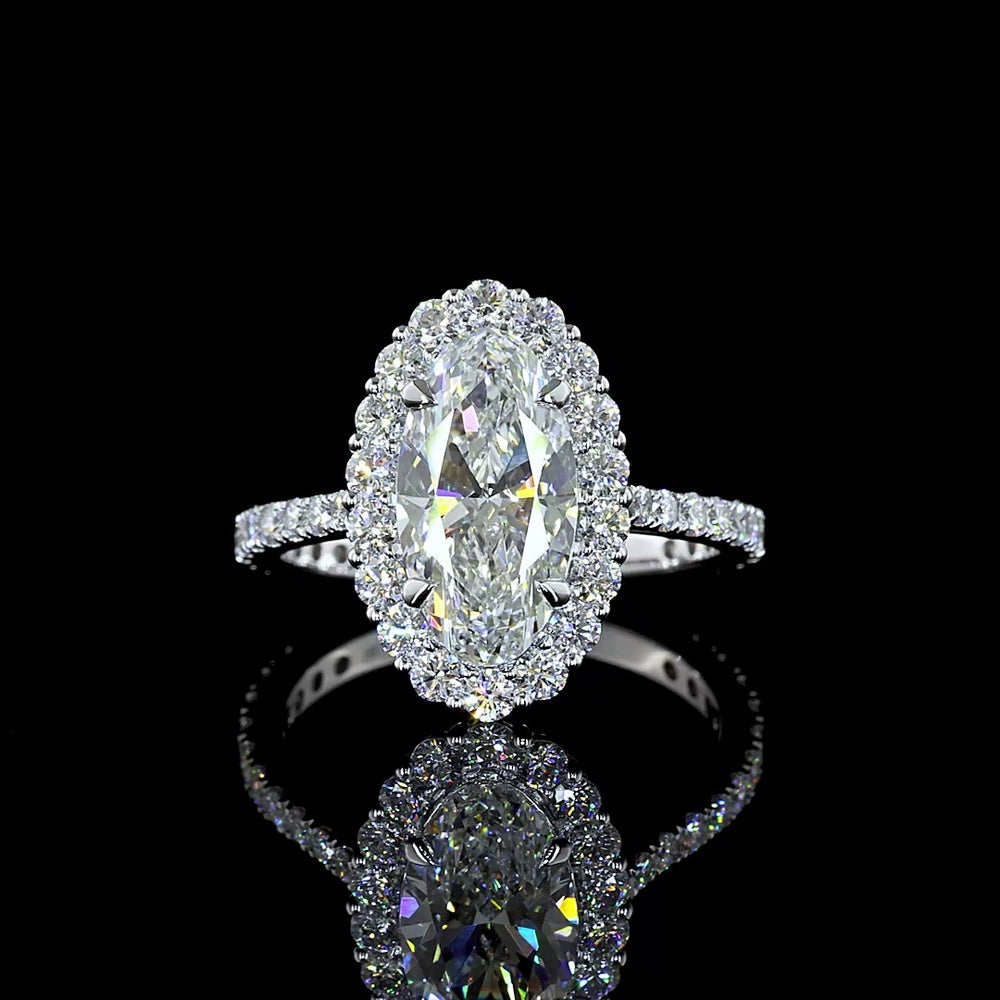 14K White Gold Oval Halo Ring with 2.18 Carat Moval Cut Lab Diamond Center and Pavé Band - 3.07 Total Carat Weight - Covaloro Fine Jewelry