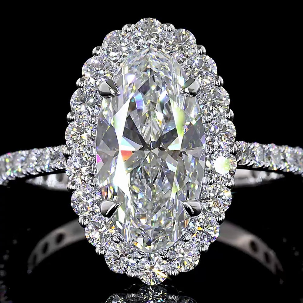 14K White Gold Oval Halo Ring with 2.18 Carat Moval Cut Lab Diamond Center and Pavé Band - 3.07 Total Carat Weight - Covaloro Fine Jewelry