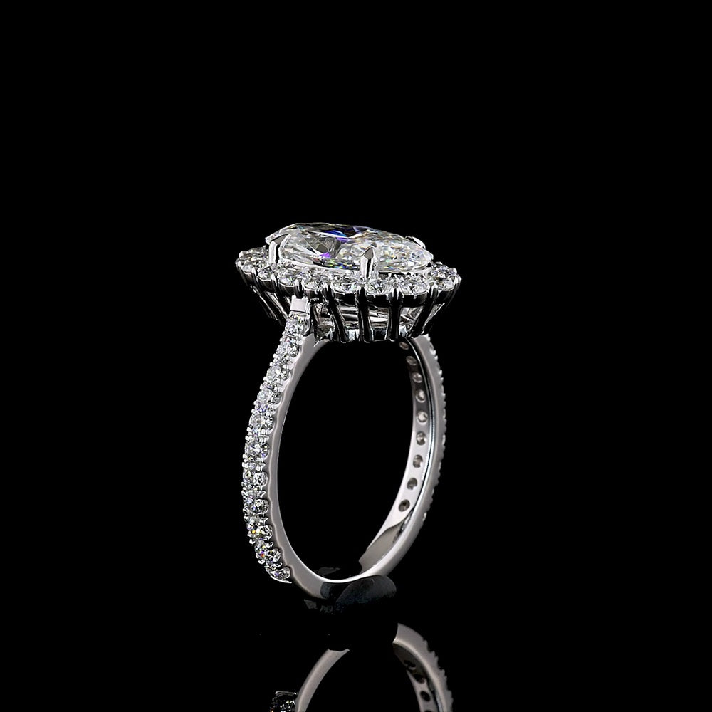 14K White Gold Oval Halo Ring with 2.18 Carat Moval Cut Lab Diamond Center and Pavé Band - 3.07 Total Carat Weight - Covaloro Fine Jewelry
