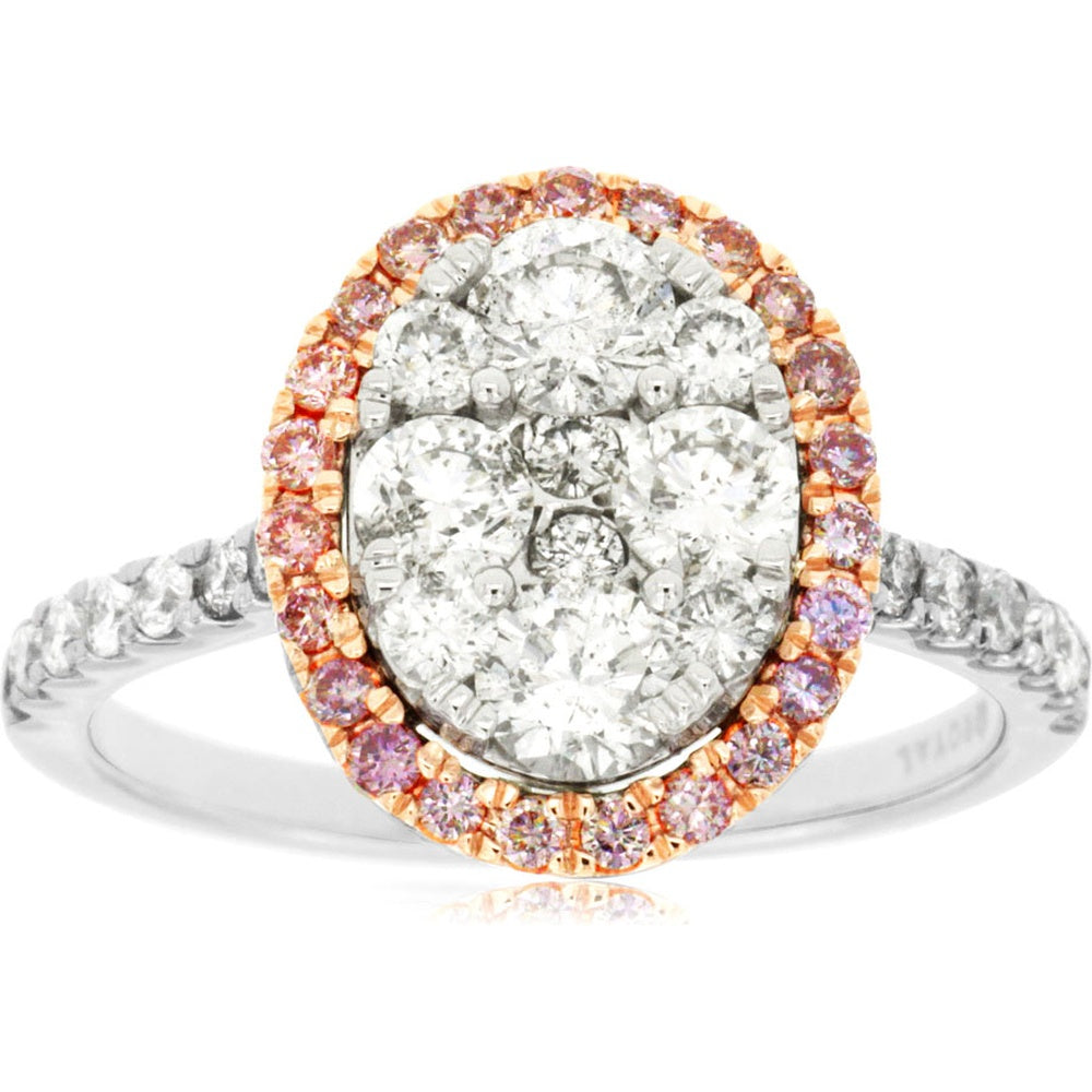 14K White Gold Oval Halo Ring with Round White and Pink Diamond Cluster - 1.08 Carat Total White Diamond Weight and 0.22 Carat Pink Diamond Weight - Royal Jewelry