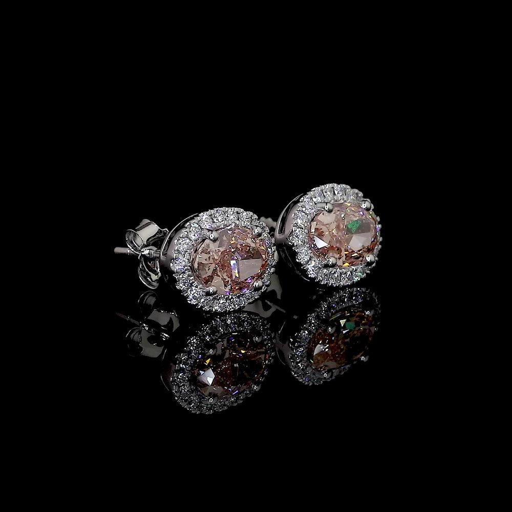 14K White Gold Oval Halo Stud Earrings with Fancy Orangy Pink Lab Diamonds - 1.61 Total Carat Weight - Covaloro Fine Jewelry
