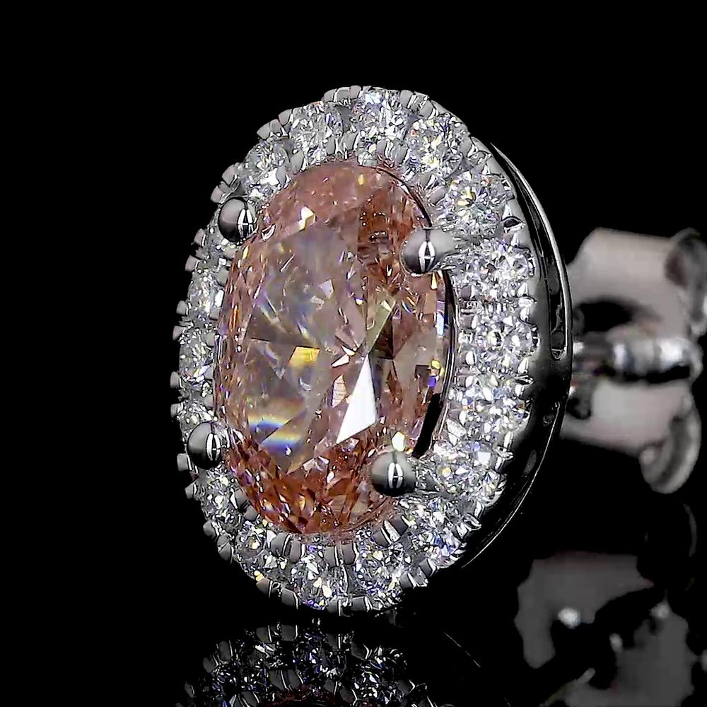 14K White Gold Oval Halo Stud Earrings with Fancy Orangy Pink Lab Diamonds - 1.61 Total Carat Weight - Covaloro Fine Jewelry