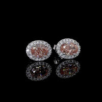 14K White Gold Oval Halo Stud Earrings with Fancy Orangy Pink Lab Diamonds - 1.61 Total Carat Weight - Covaloro Fine Jewelry