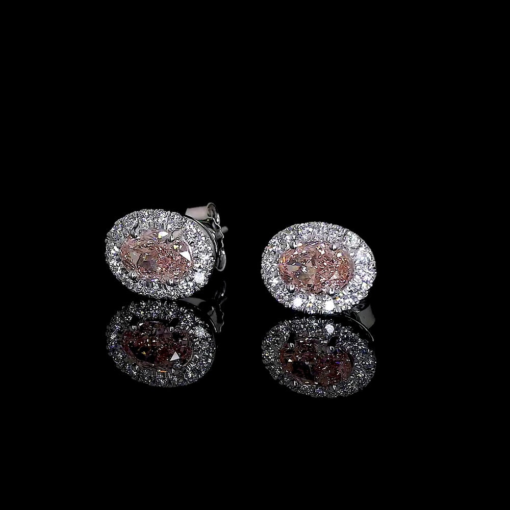 14K White Gold Oval Halo Stud Earrings with Fancy Orangy Pink Lab Diamonds and White Diamond Accents - 0.86 Carats Total Diamond Weight - Covaloro Fine Jewelry