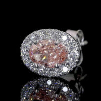 14K White Gold Oval Halo Stud Earrings with Fancy Orangy Pink Lab Diamonds and White Diamond Accents - 0.86 Carats Total Diamond Weight - Covaloro Fine Jewelry