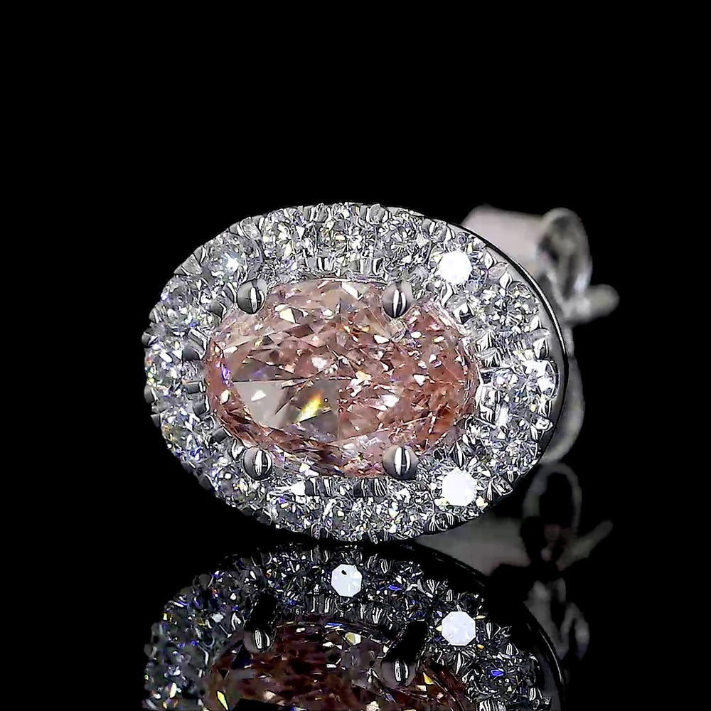 14K White Gold Oval Halo Stud Earrings with Fancy Orangy Pink Lab Diamonds and White Diamond Accents - 0.86 Carats Total Diamond Weight - Covaloro Fine Jewelry