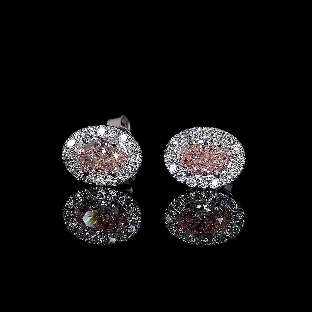 14K White Gold Oval Halo Stud Earrings with Fancy Orangy Pink Lab Diamonds and White Diamond Halo - 1.88 Carats Total Diamond Weight - Covaloro Fine Jewelry
