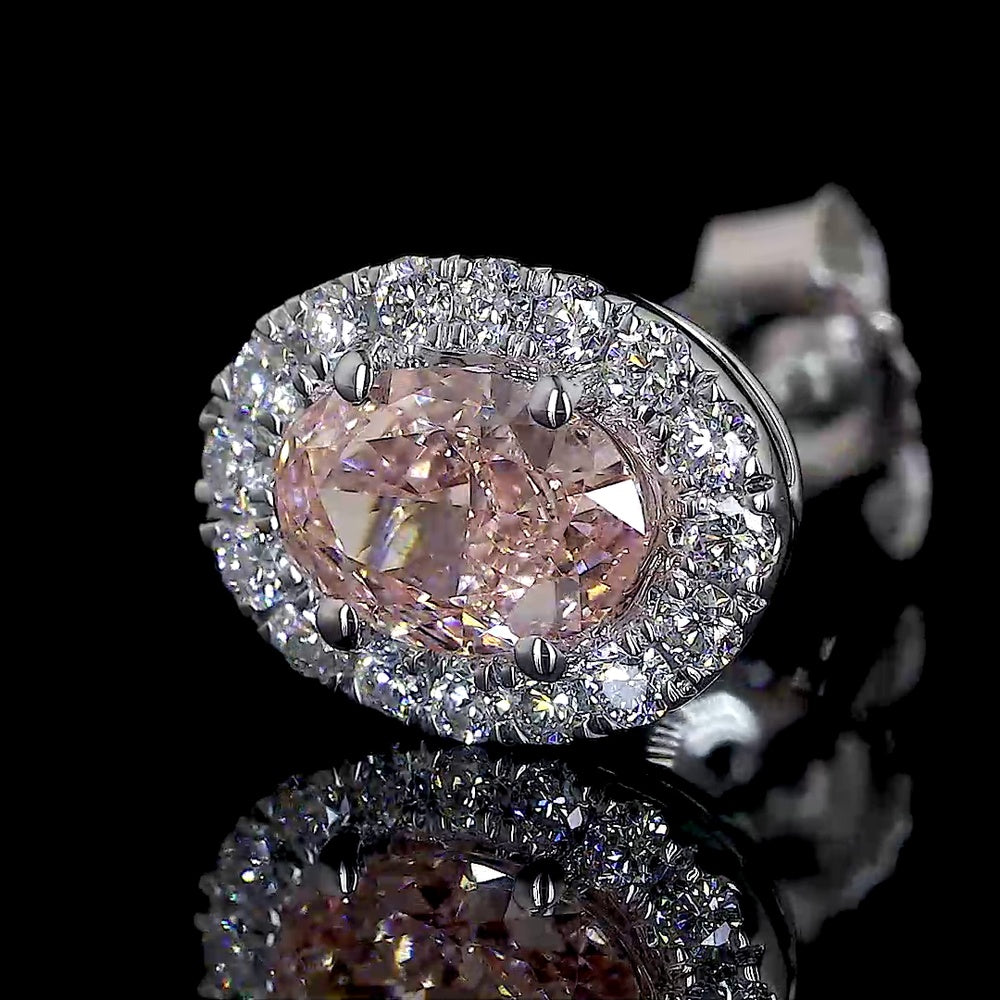 14K White Gold Oval Halo Stud Earrings with Fancy Orangy Pink Lab Diamonds and White Diamond Halo - 1.88 Carats Total Diamond Weight - Covaloro Fine Jewelry