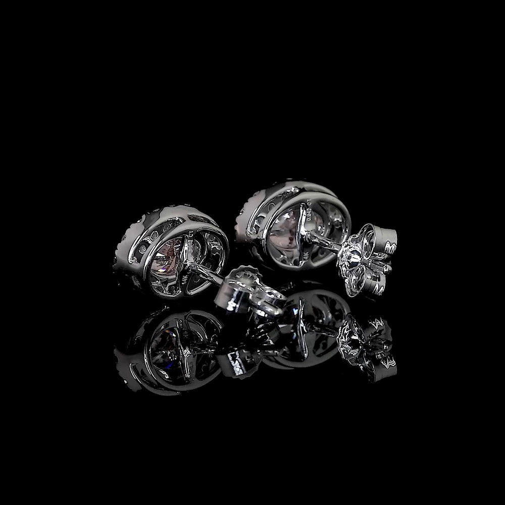14K White Gold Oval Halo Stud Earrings with Fancy Orangy Pink Lab Diamonds and White Diamond Halo - 1.88 Carats Total Diamond Weight - Covaloro Fine Jewelry