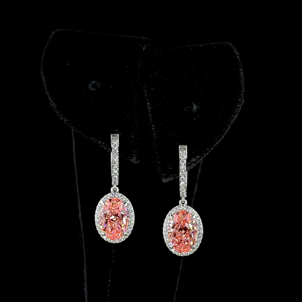 14K White Gold Oval Hanging Earrings with Fancy Pink Lab Diamond Center and Round Brilliant Halo - 4.66 Total Carat Weight - Covaloro Fine Jewelry