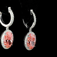 14K White Gold Oval Hanging Earrings with Fancy Pink Lab Diamond Center and Round Brilliant Halo - 4.66 Total Carat Weight - Covaloro Fine Jewelry