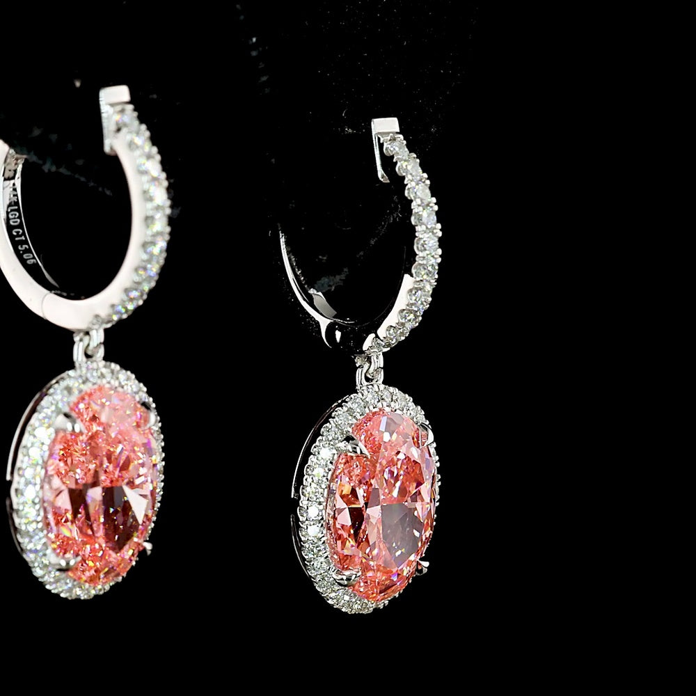 14K White Gold Oval Hanging Earrings with Fancy Pink Lab Diamond Center and Round Brilliant Halo - 4.66 Total Carat Weight - Covaloro Fine Jewelry