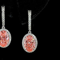 14K White Gold Oval Hanging Earrings with Fancy Pink Lab Diamond Center and Round Brilliant Halo - 4.66 Total Carat Weight - Covaloro Fine Jewelry